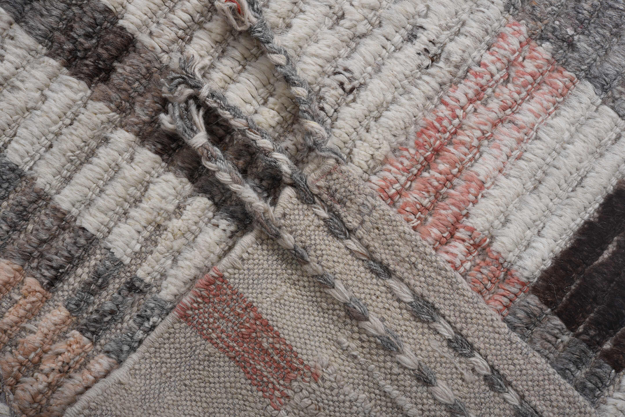 10' x 14' one-of-a-kind handmade vintage Tulu oversize rug. Color palette: ivory, gray, charcoal, blush, taupe, ochre, black