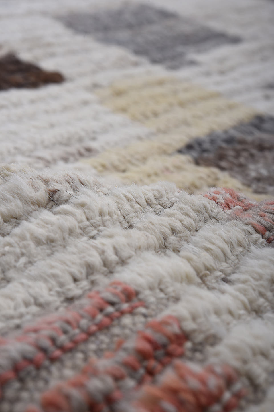 10' x 14' one-of-a-kind handmade vintage Tulu oversize rug. Color palette: ivory, gray, charcoal, blush, taupe, ochre, black