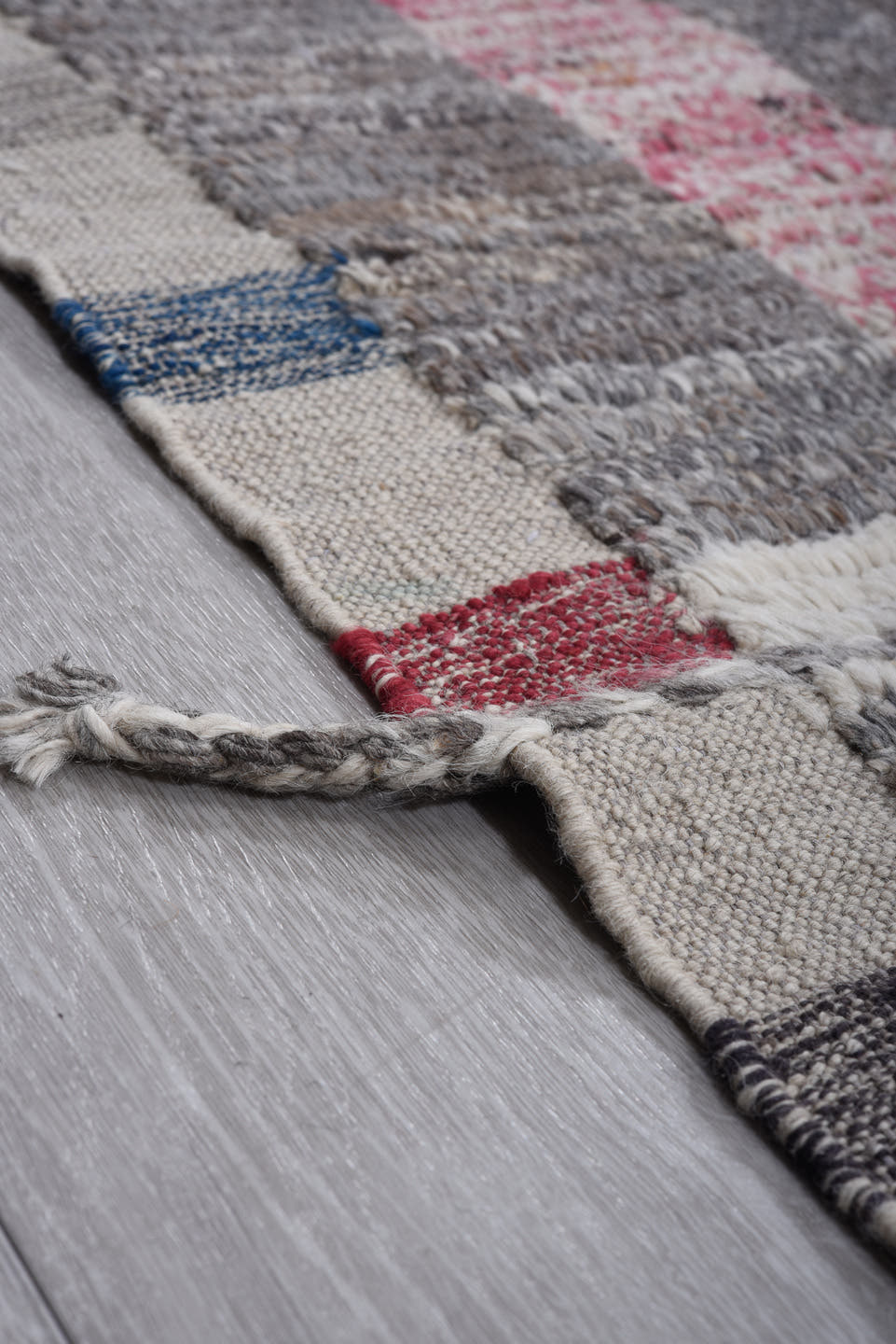 10' x 14' one-of-a-kind handmade vintage Tulu oversize rug. Color palette: ivory, gray, charcoal, blush, taupe, ochre, black