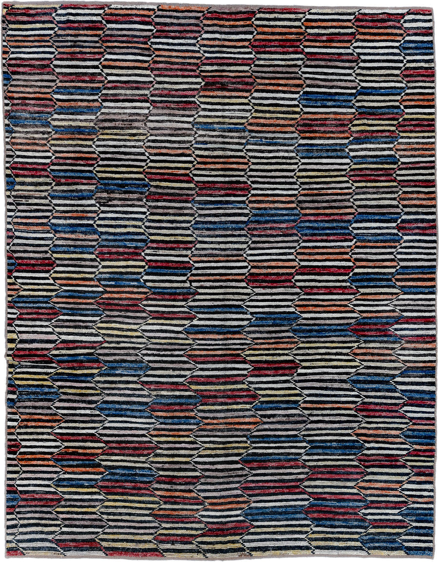 9' x 11' one-of-a-kind handmade vintage Tulu large size rug. Color palette: ivory, charcoal, indigo, crimson, rust, slate