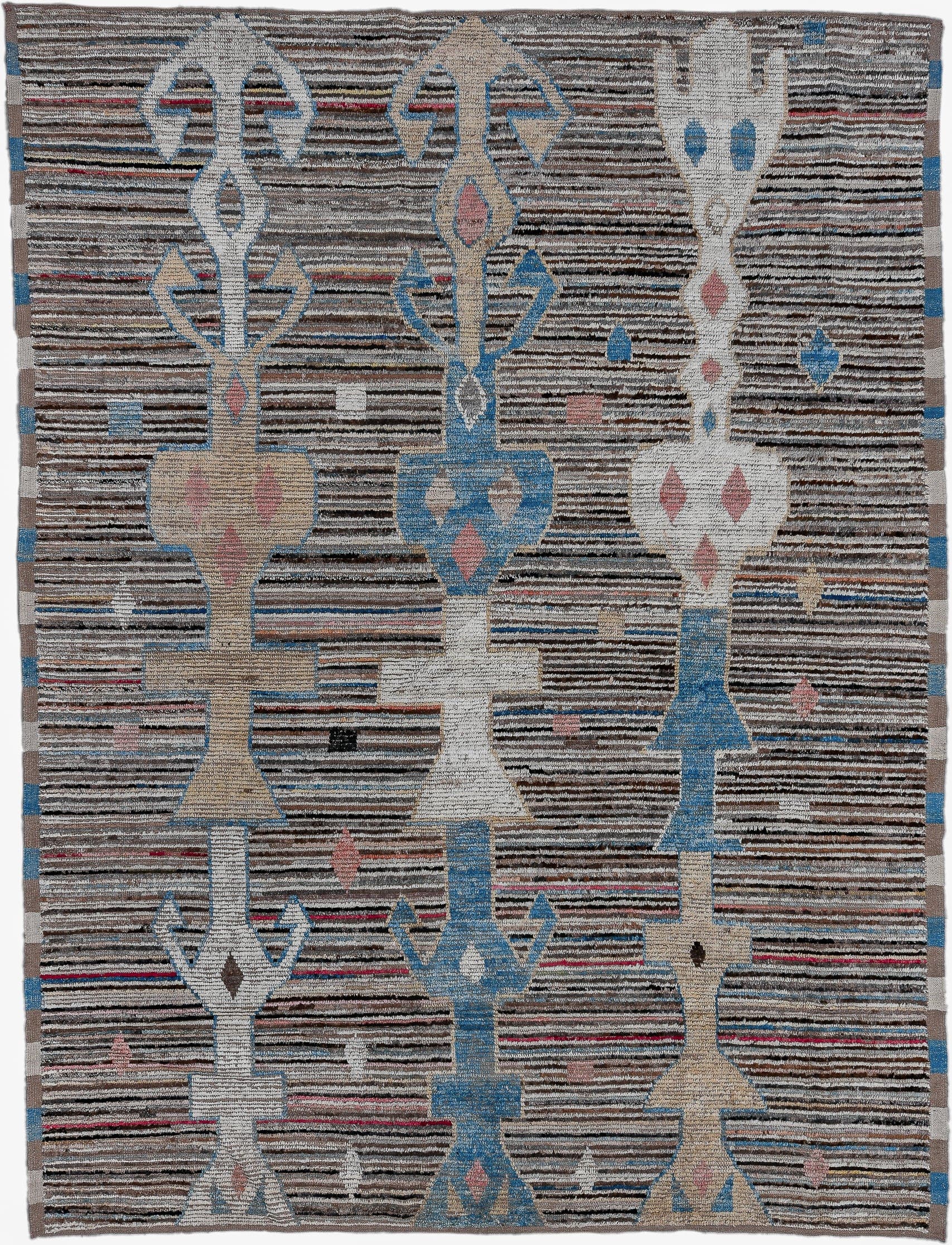 8' x 11' one-of-a-kind handmade vintage Tulu large size rug. Color palette: brown, ivory, sky_blue, taupe, black, blush, red