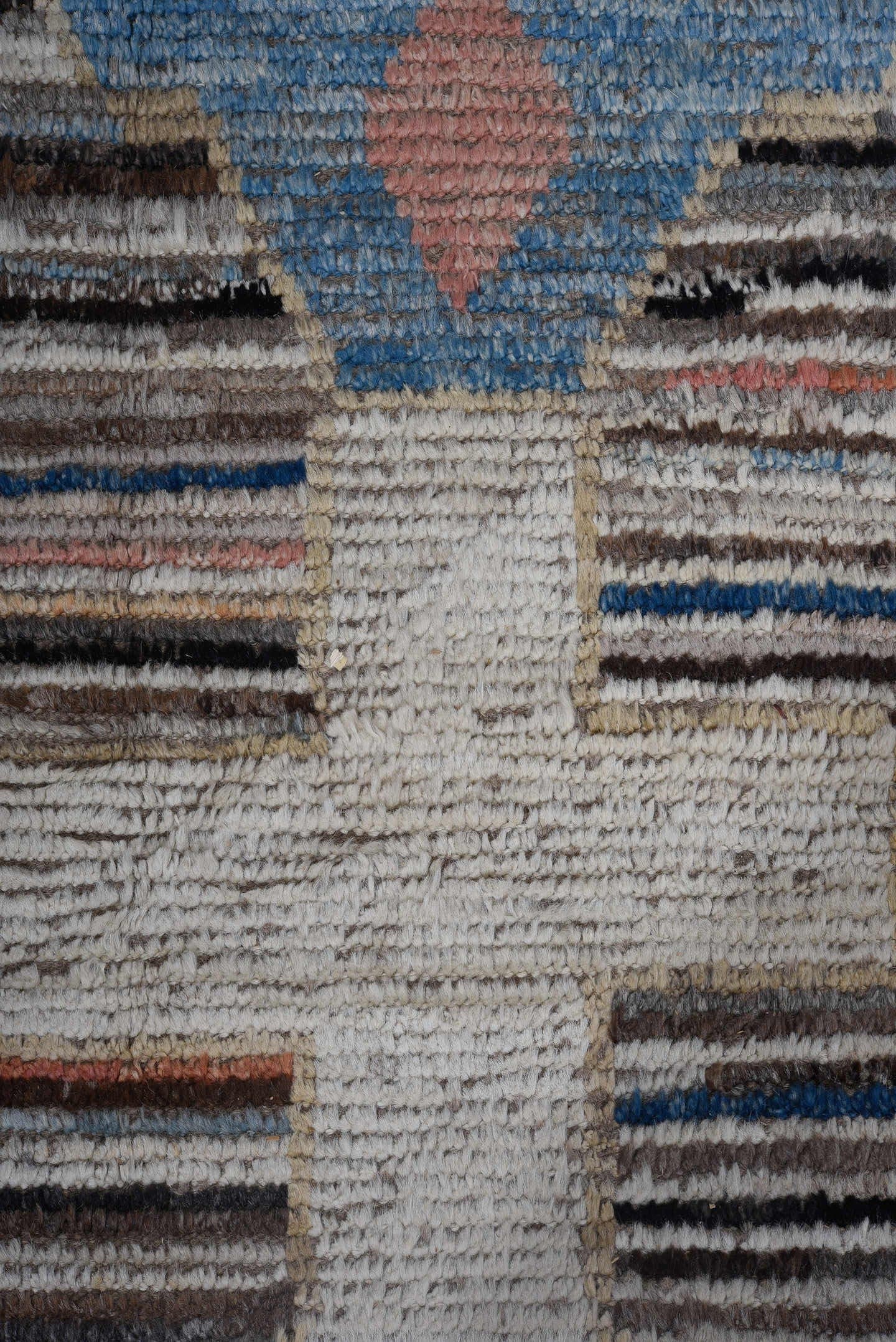 8' x 11' one-of-a-kind handmade vintage Tulu large size rug. Color palette: brown, ivory, sky_blue, taupe, black, blush, red