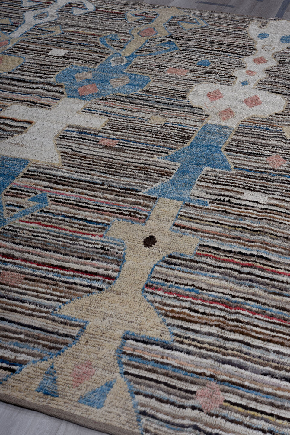 8' x 11' one-of-a-kind handmade vintage Tulu large size rug. Color palette: brown, ivory, sky_blue, taupe, black, blush, red