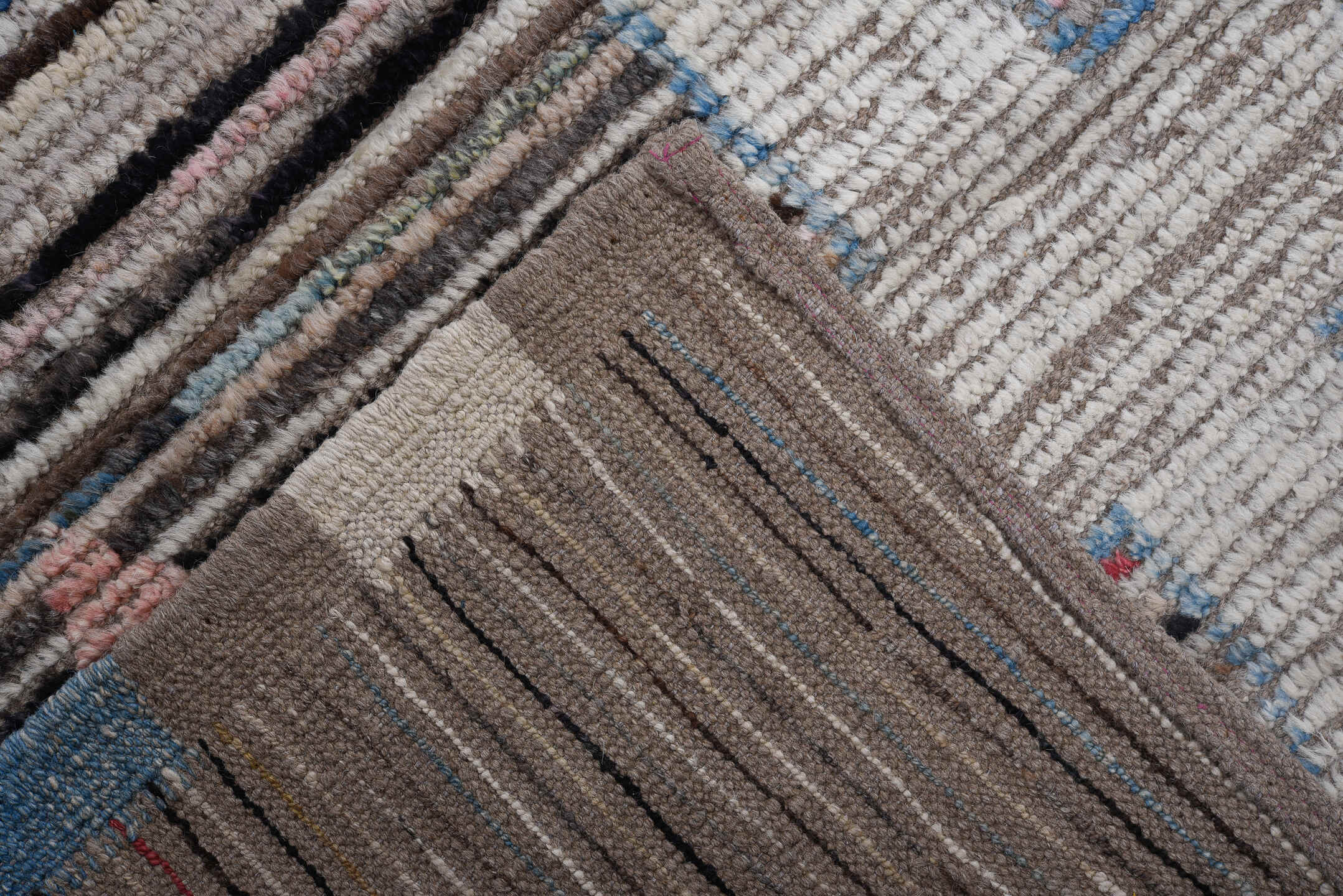 8' x 11' one-of-a-kind handmade vintage Tulu large size rug. Color palette: brown, ivory, sky_blue, taupe, black, blush, red