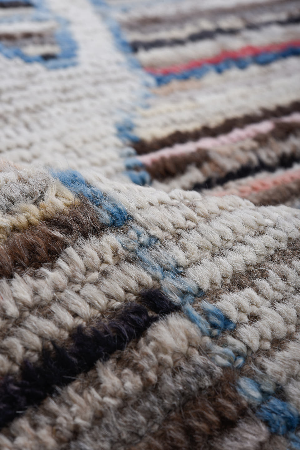 8' x 11' one-of-a-kind handmade vintage Tulu large size rug. Color palette: brown, ivory, sky_blue, taupe, black, blush, red