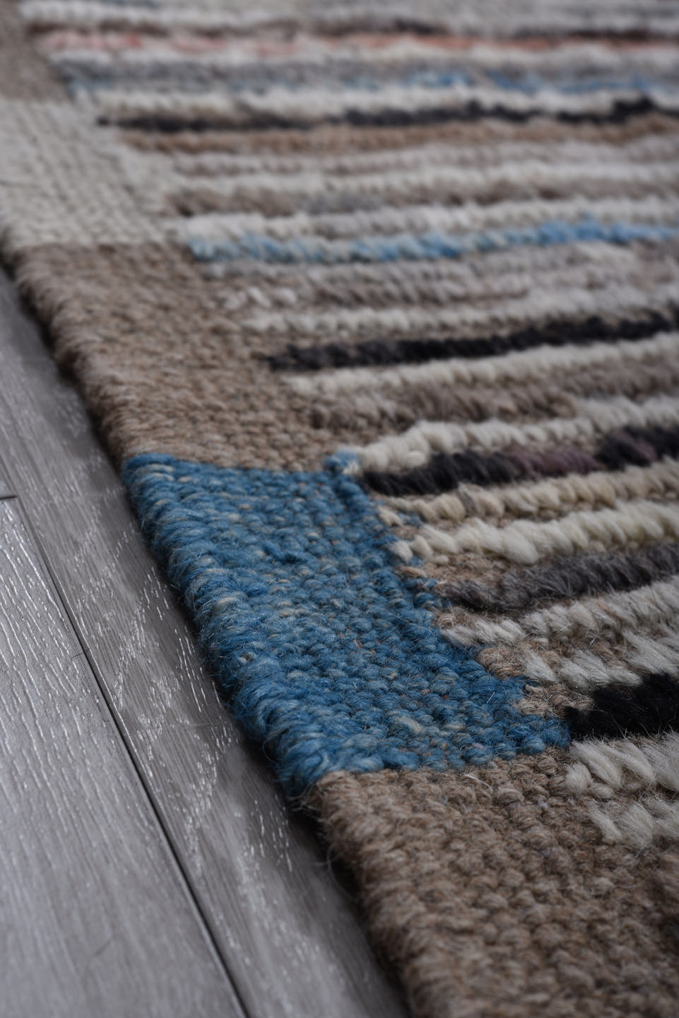 8' x 11' one-of-a-kind handmade vintage Tulu large size rug. Color palette: brown, ivory, sky_blue, taupe, black, blush, red
