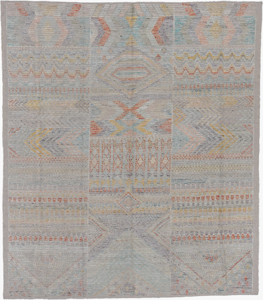 8' x 9' one-of-a-kind handmade vintage Tulu large size rug. Color palette: gray, ivory, sky_blue, peach, pale_yellow, taupe