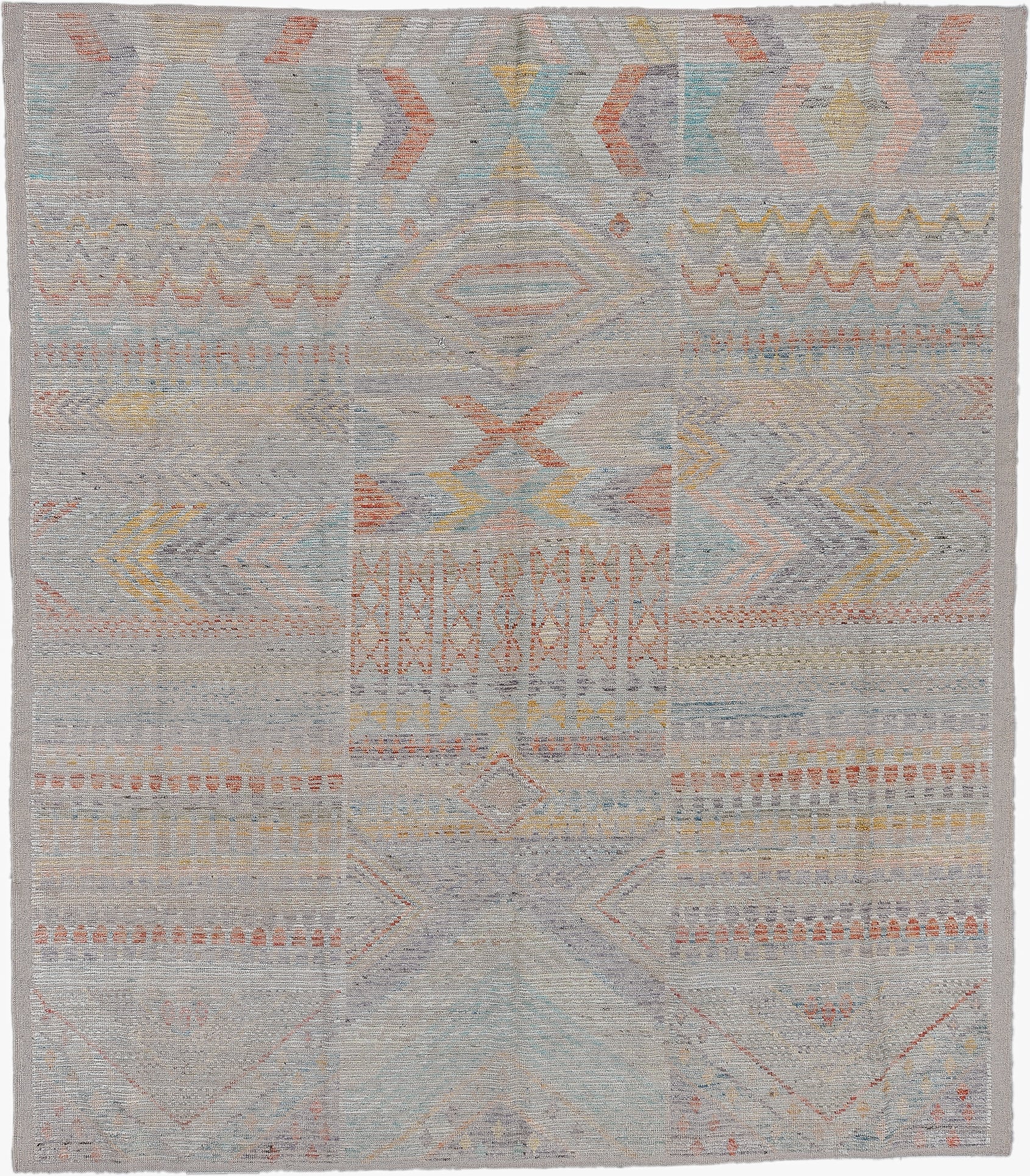 8' x 9' one-of-a-kind handmade vintage Tulu large size rug. Color palette: gray, ivory, sky_blue, peach, pale_yellow, taupe