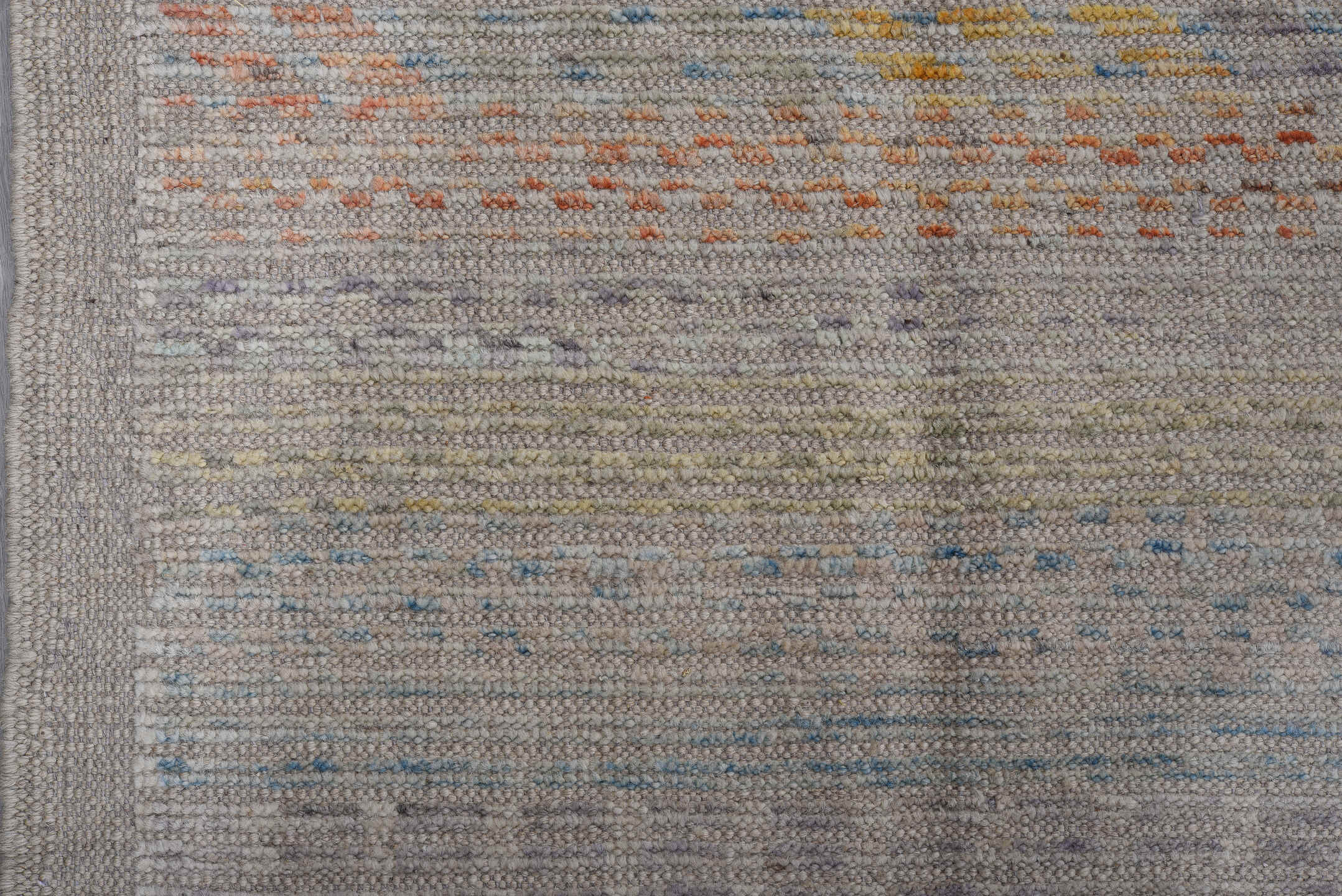 8' x 9' one-of-a-kind handmade vintage Tulu large size rug. Color palette: gray, ivory, sky_blue, peach, pale_yellow, taupe