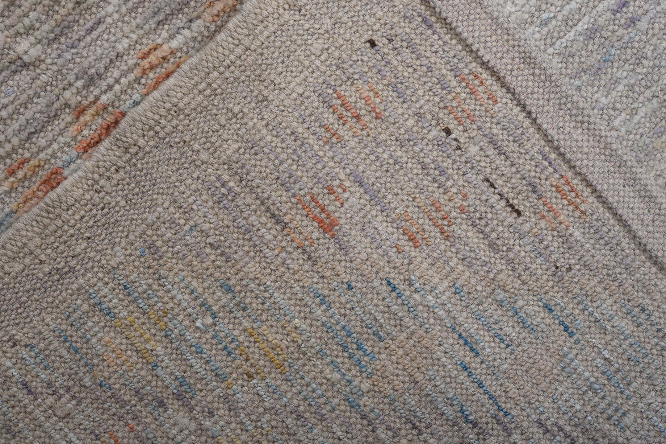 8' x 9' one-of-a-kind handmade vintage Tulu large size rug. Color palette: gray, ivory, sky_blue, peach, pale_yellow, taupe