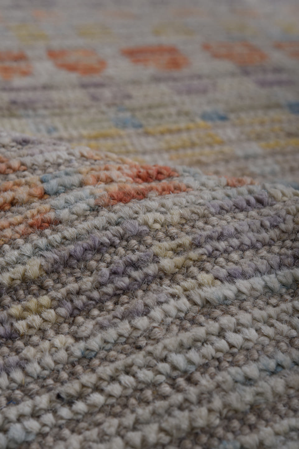 8' x 9' one-of-a-kind handmade vintage Tulu large size rug. Color palette: gray, ivory, sky_blue, peach, pale_yellow, taupe