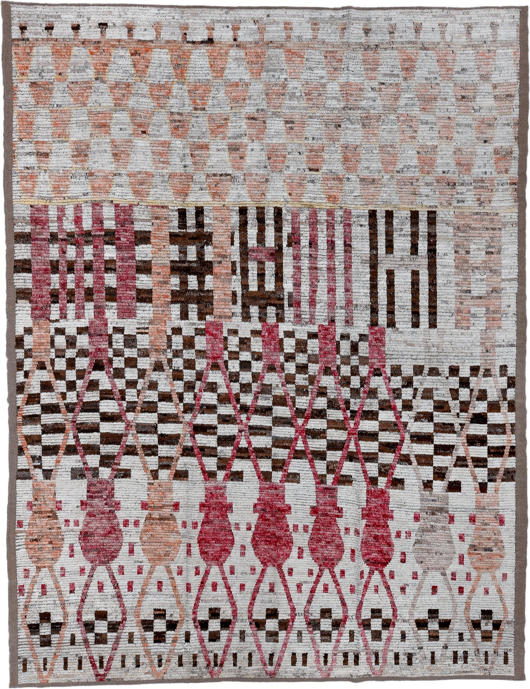 9' x 11' one-of-a-kind handmade vintage Tulu large size rug. Color palette: ivory, rose, brown, peach, taupe, charcoal, pink