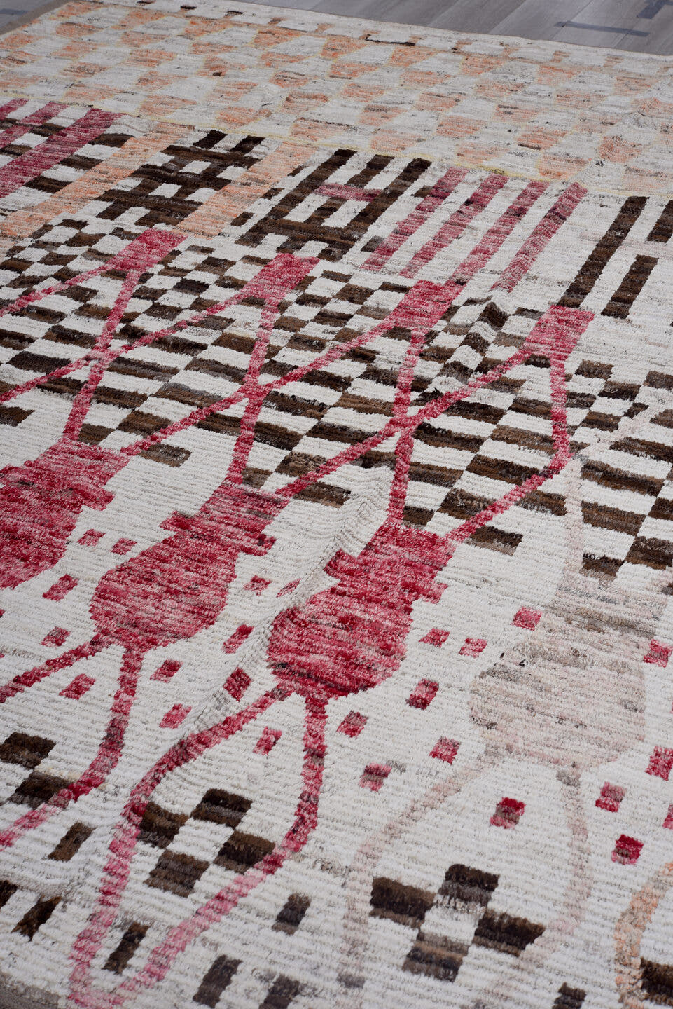 9' x 11' one-of-a-kind handmade vintage Tulu large size rug. Color palette: ivory, rose, brown, peach, taupe, charcoal, pink