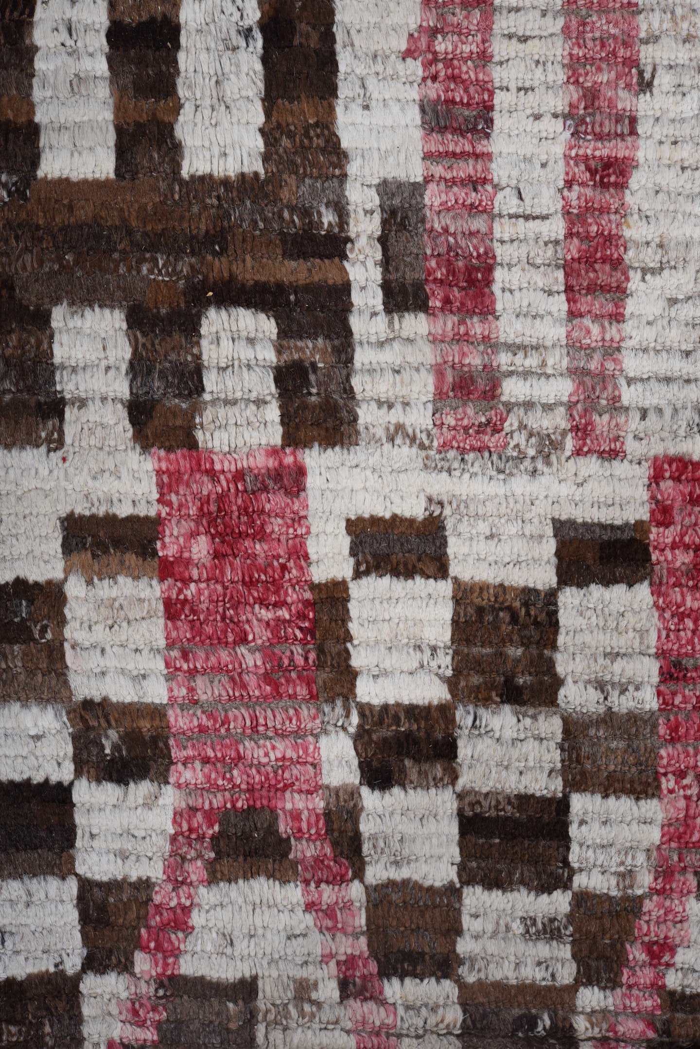 9' x 11' one-of-a-kind handmade vintage Tulu large size rug. Color palette: ivory, rose, brown, peach, taupe, charcoal, pink