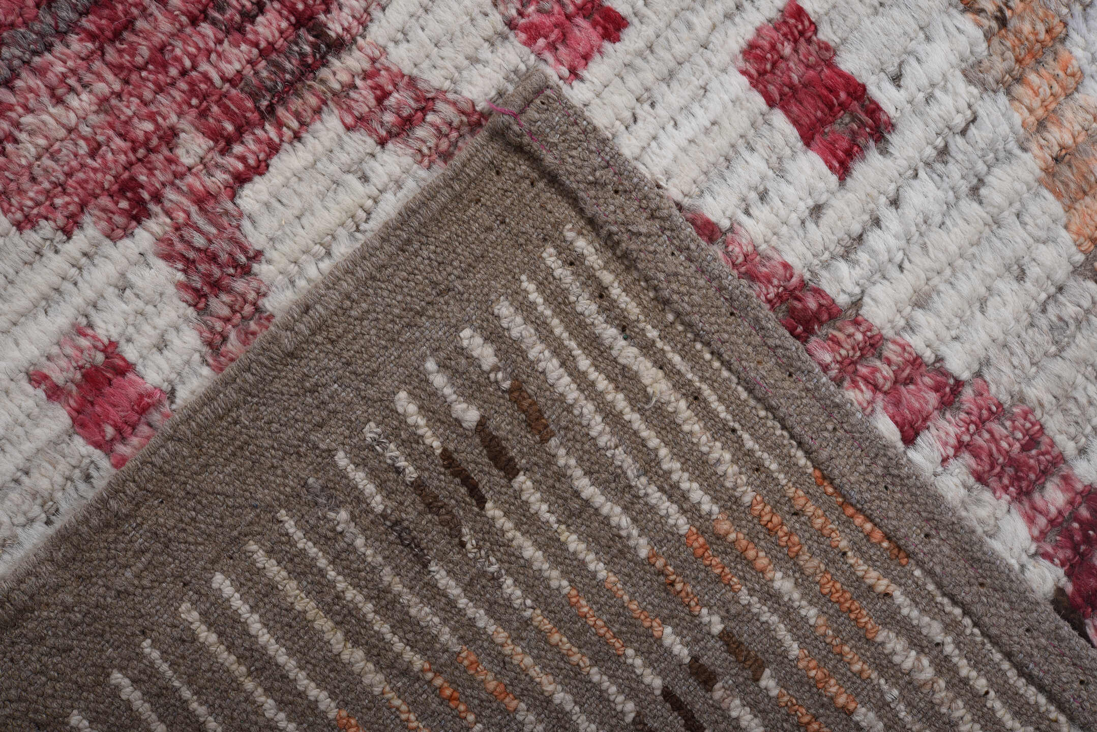 9' x 11' one-of-a-kind handmade vintage Tulu large size rug. Color palette: ivory, rose, brown, peach, taupe, charcoal, pink