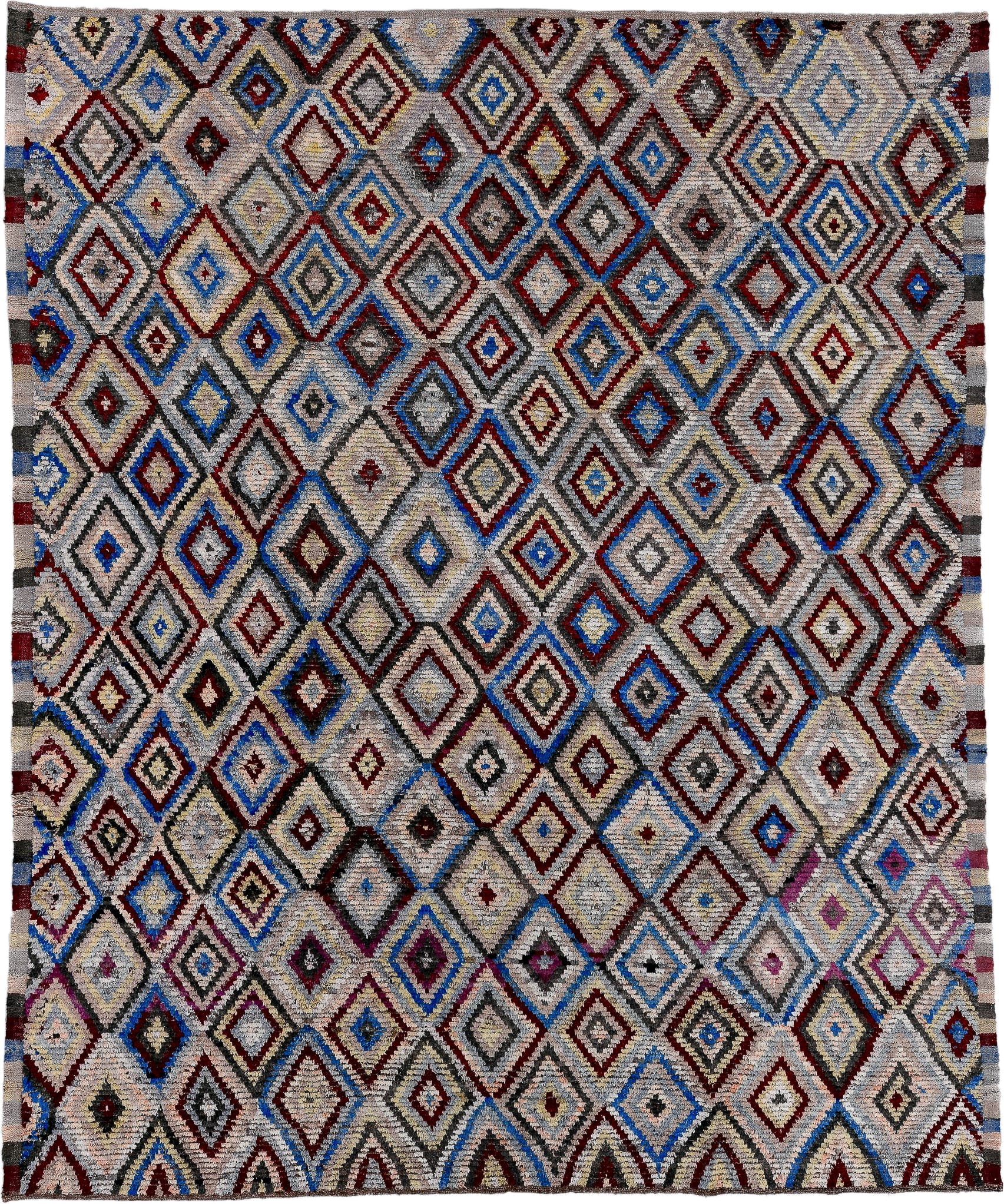 9' x 11' one-of-a-kind handmade vintage Tulu large size rug. Color palette: ivory, gray, charcoal, cobalt, burgundy, rose