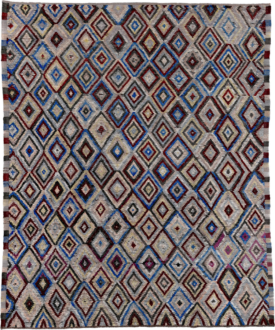 9' x 11' one-of-a-kind handmade vintage Tulu large size rug. Color palette: ivory, gray, charcoal, cobalt, burgundy, rose