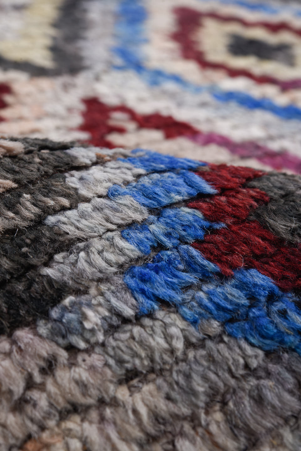 9' x 11' one-of-a-kind handmade vintage Tulu large size rug. Color palette: ivory, gray, charcoal, cobalt, burgundy, rose