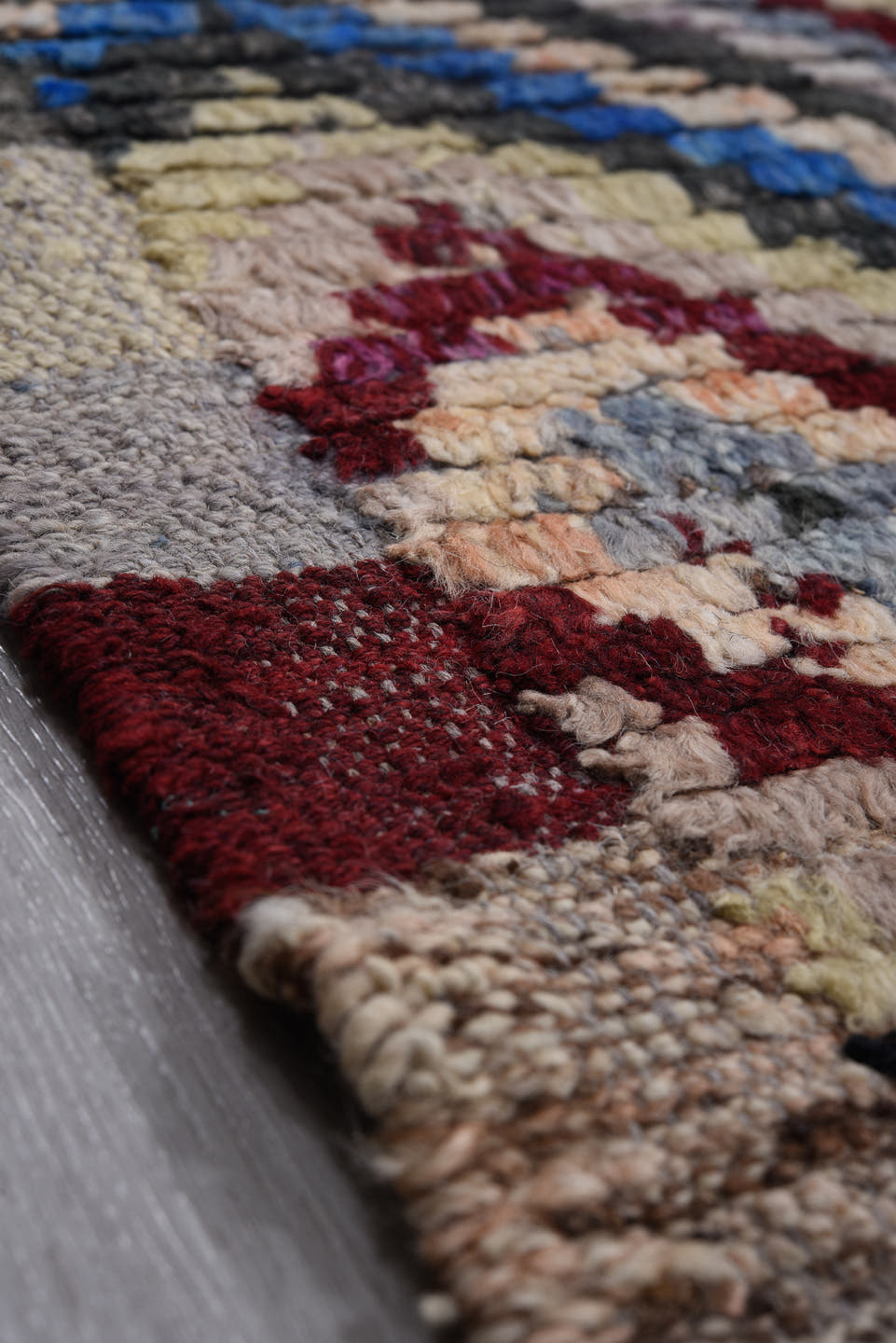 9' x 11' one-of-a-kind handmade vintage Tulu large size rug. Color palette: ivory, gray, charcoal, cobalt, burgundy, rose