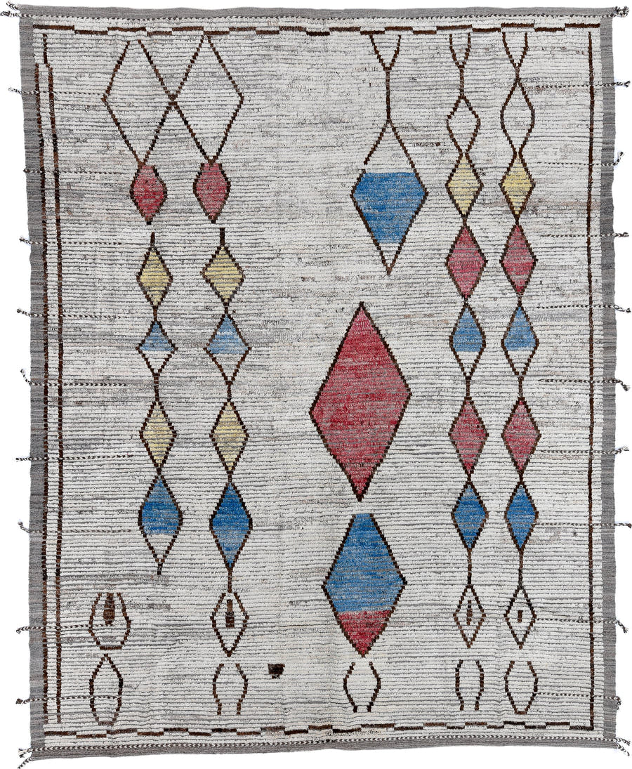 10' x 12' one-of-a-kind handmade vintage Tulu large size rug. Color palette: ivory, brown, gray, rose, sky blue, gold, pink