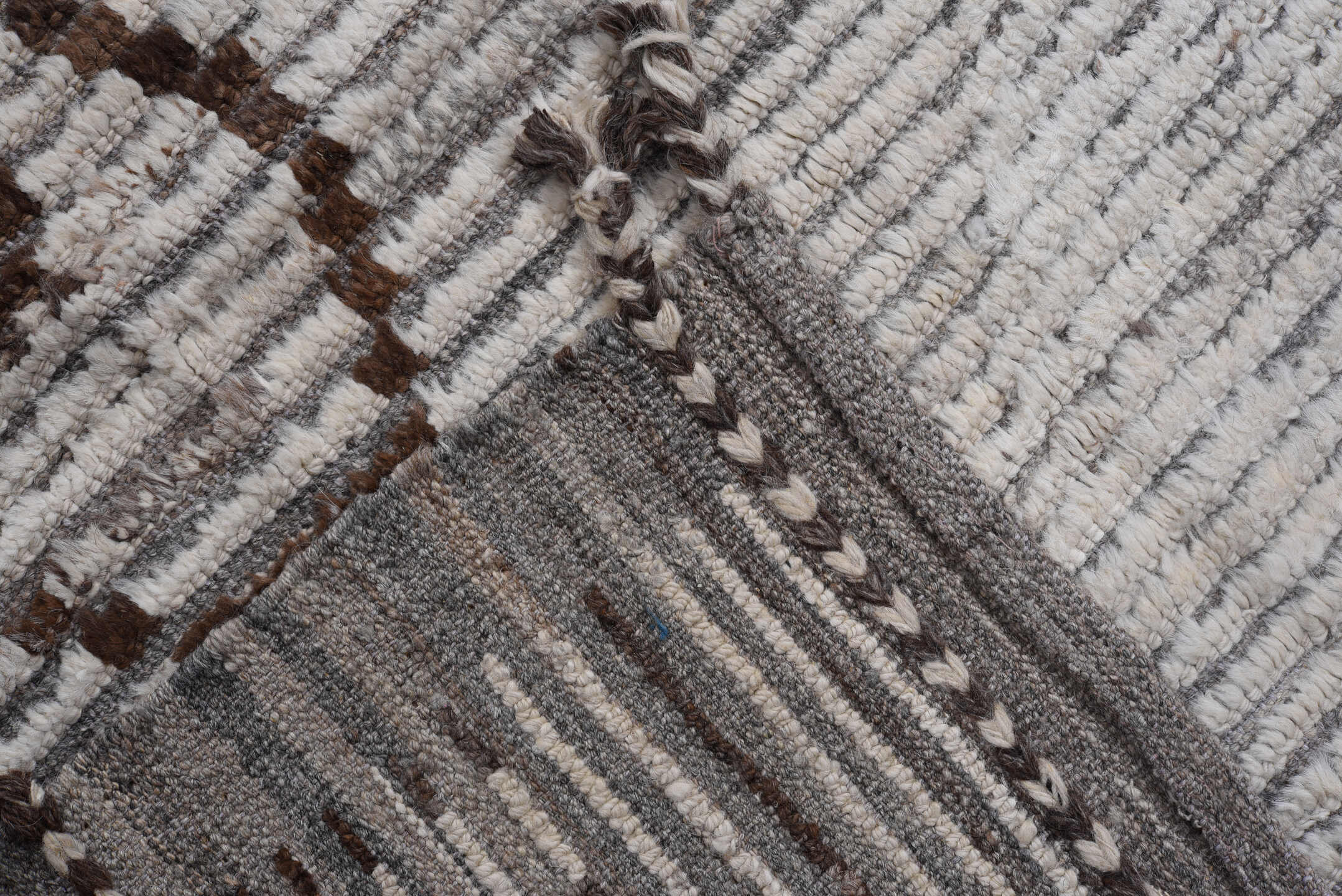 10' x 12' one-of-a-kind handmade vintage Tulu large size rug. Color palette: ivory, brown, gray, rose, sky blue, gold, pink