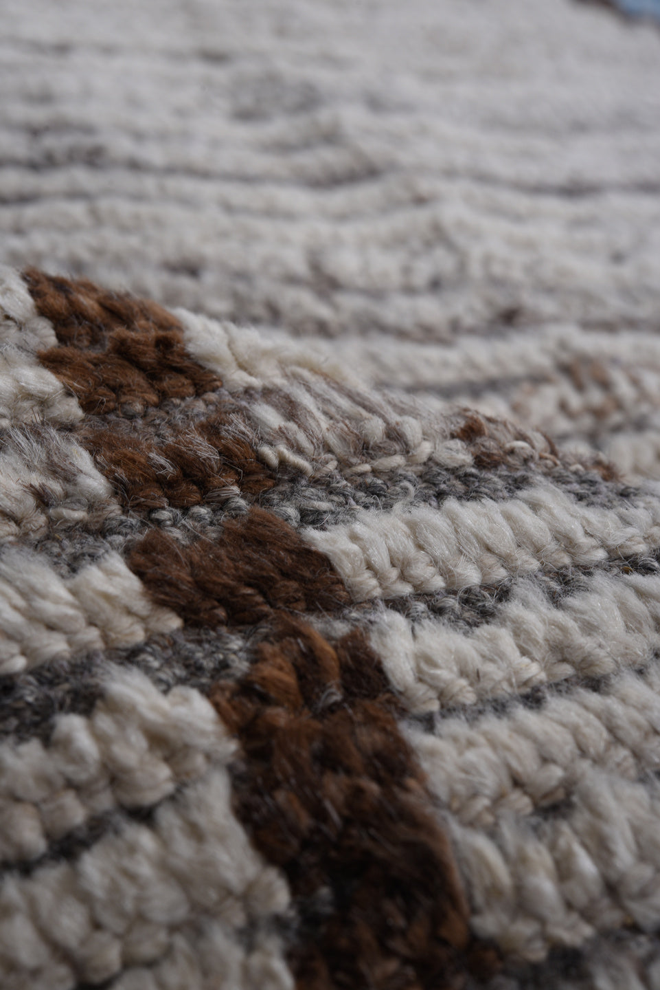 10' x 12' one-of-a-kind handmade vintage Tulu large size rug. Color palette: ivory, brown, gray, rose, sky blue, gold, pink