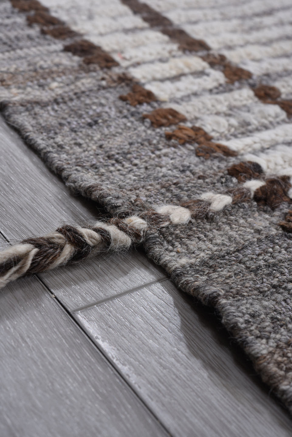 10' x 12' one-of-a-kind handmade vintage Tulu large size rug. Color palette: ivory, brown, gray, rose, sky blue, gold, pink