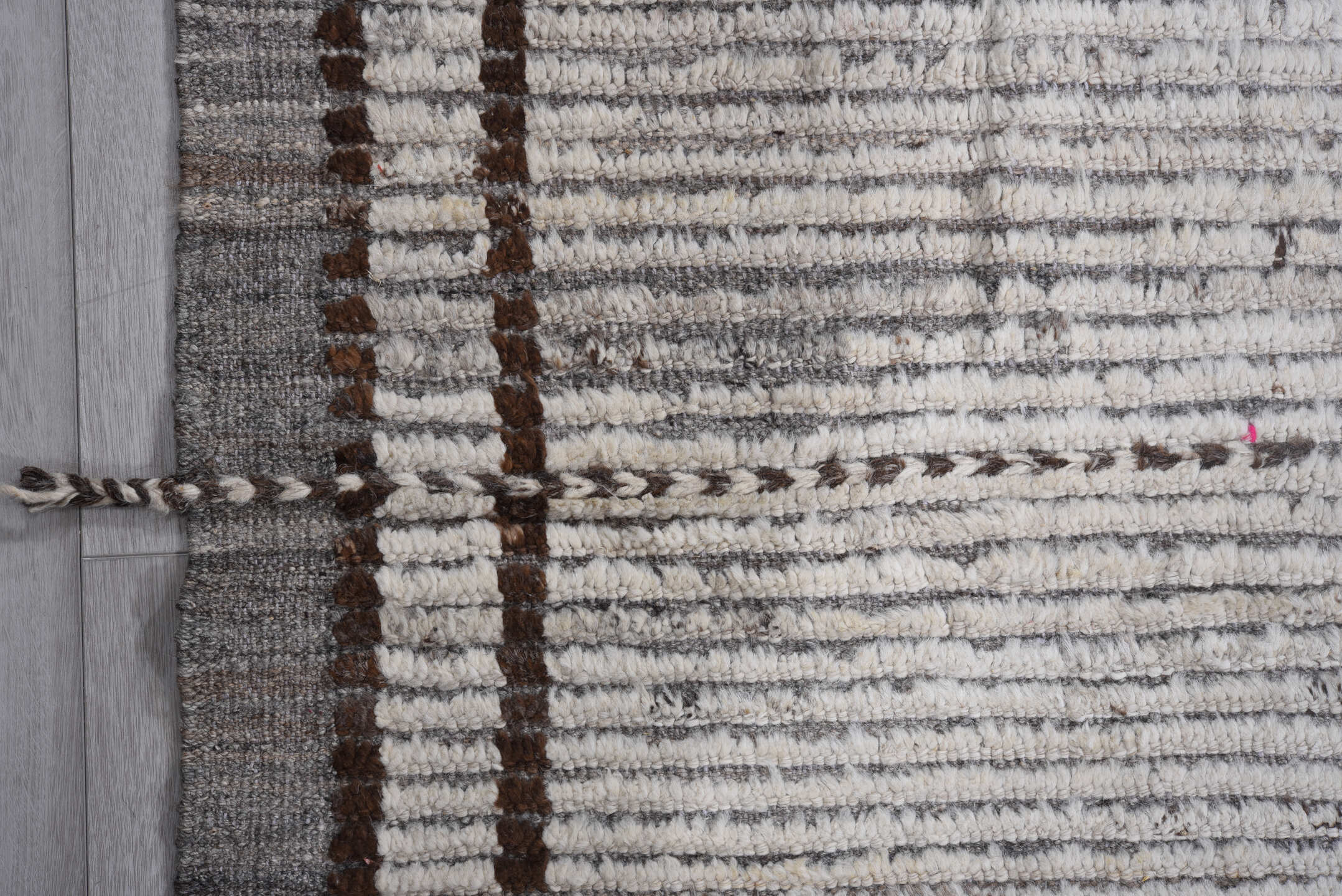 10' x 12' one-of-a-kind handmade vintage Tulu large size rug. Color palette: ivory, brown, gray, rose, sky blue, gold, pink