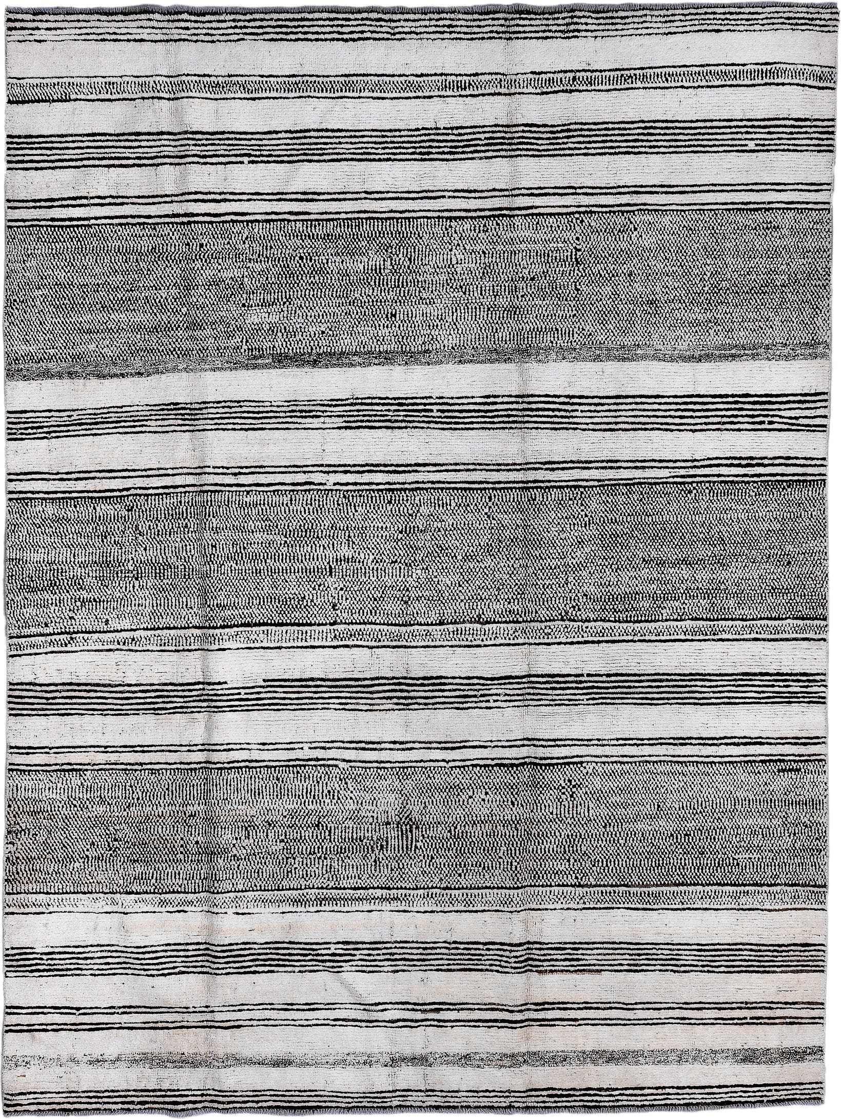 7' x 9' one-of-a-kind handmade vintage Tulu large size rug. Color palette: ivory, charcoal, gray, black