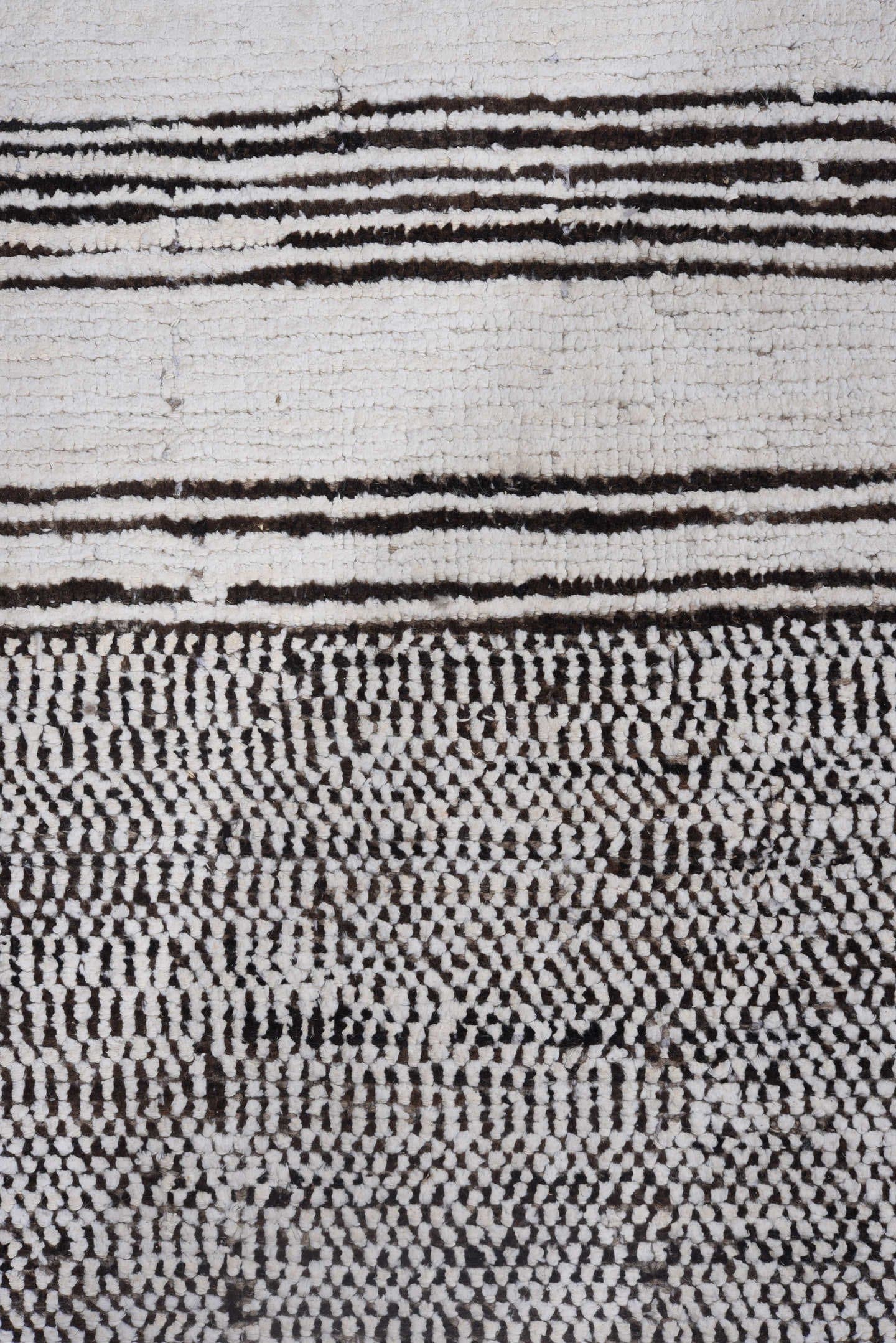 7' x 9' one-of-a-kind handmade vintage Tulu large size rug. Color palette: ivory, charcoal, gray, black