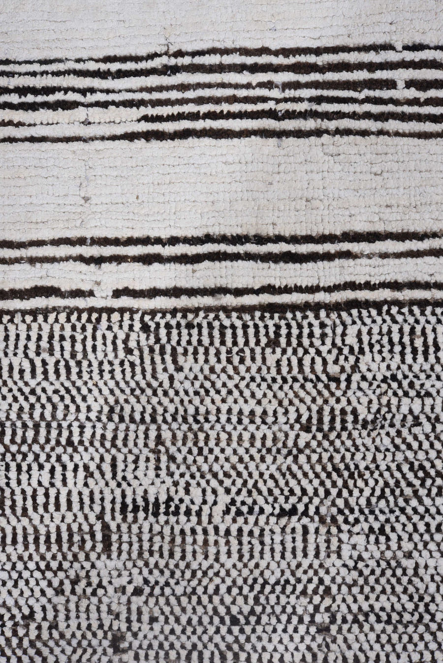 7' x 9' one-of-a-kind handmade vintage Tulu large size rug. Color palette: ivory, charcoal, gray, black