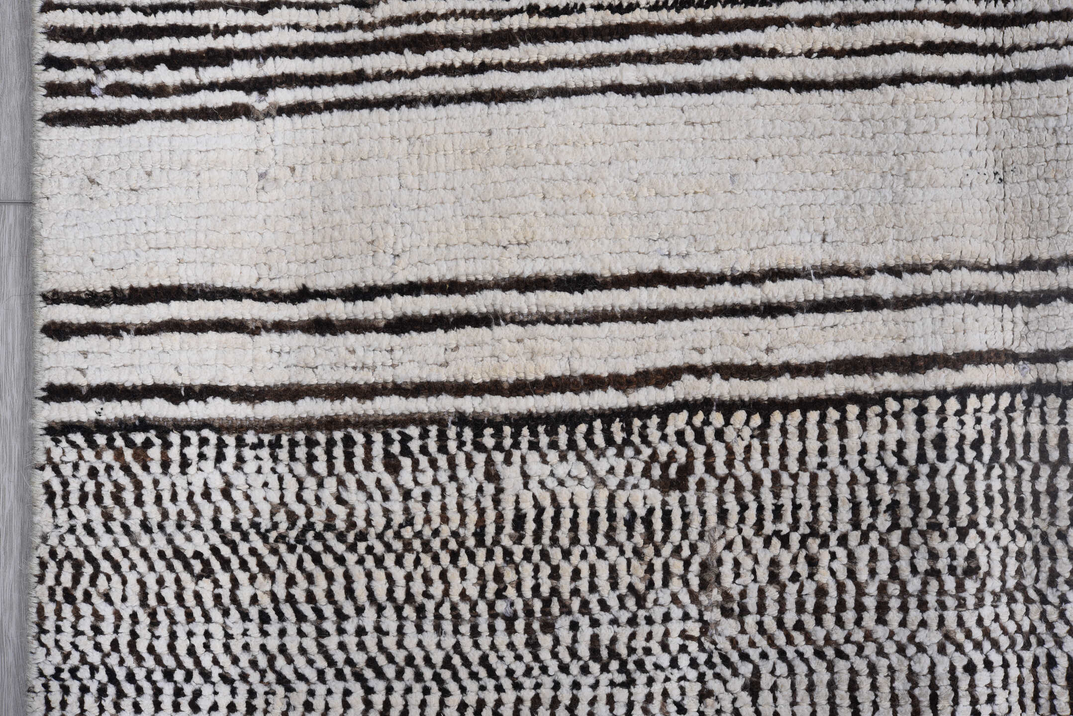 7' x 9' one-of-a-kind handmade vintage Tulu large size rug. Color palette: ivory, charcoal, gray, black