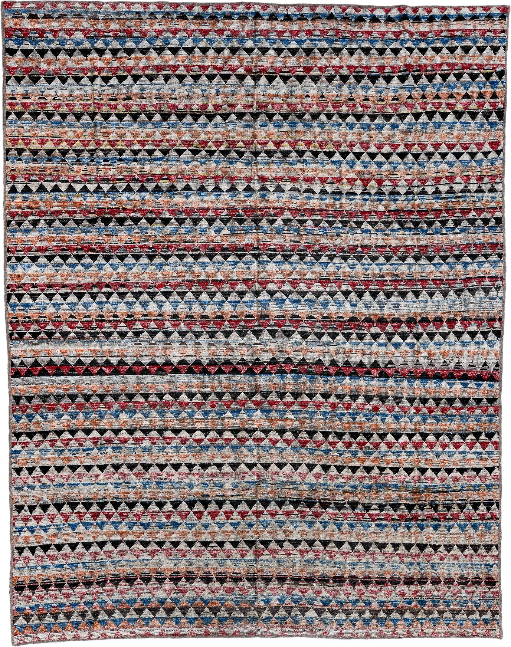 8' x 11' one-of-a-kind handmade vintage Tulu large size rug. Color palette: ivory, charcoal, crimson, sky blue, peach, slate