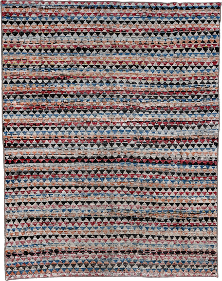 8' x 11' one-of-a-kind handmade vintage Tulu large size rug. Color palette: ivory, charcoal, crimson, sky blue, peach, slate