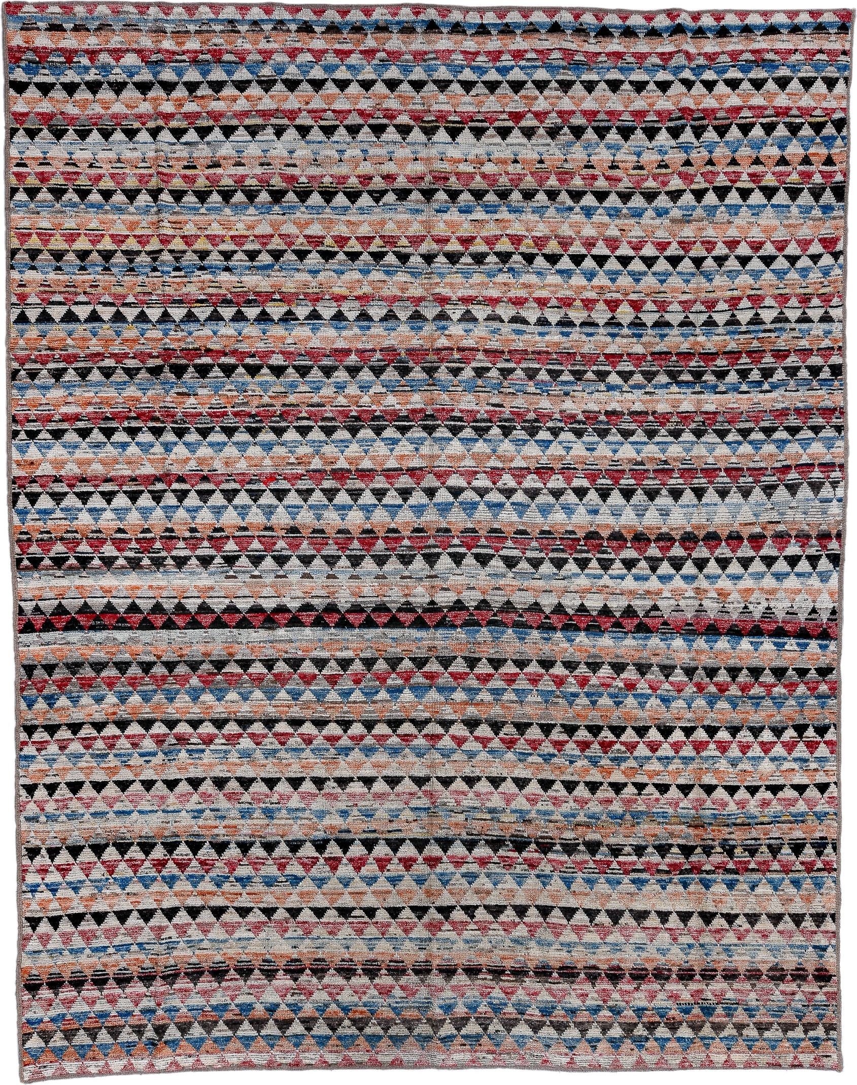 8' x 11' one-of-a-kind handmade vintage Tulu large size rug. Color palette: ivory, charcoal, crimson, sky blue, peach, slate