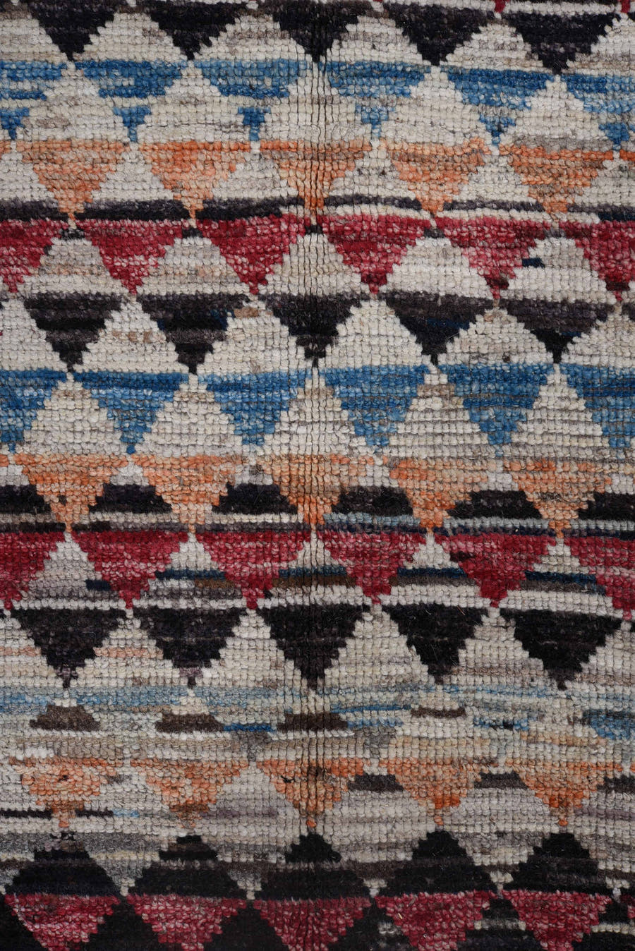 8' x 11' one-of-a-kind handmade vintage Tulu large size rug. Color palette: ivory, charcoal, crimson, sky blue, peach, slate