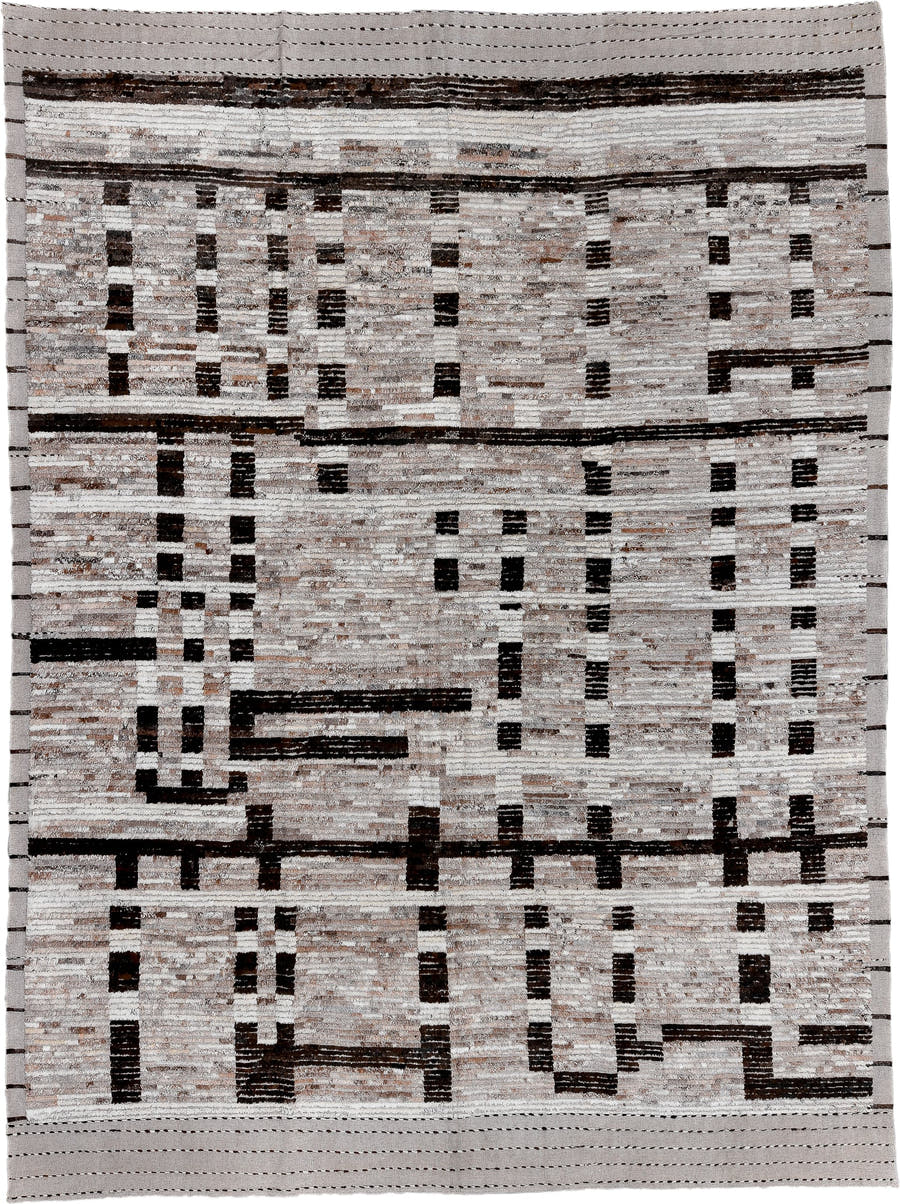 10' x 13' one-of-a-kind handmade vintage Tulu large size rug. Color palette: ivory, taupe, charcoal, brown, cream, greige