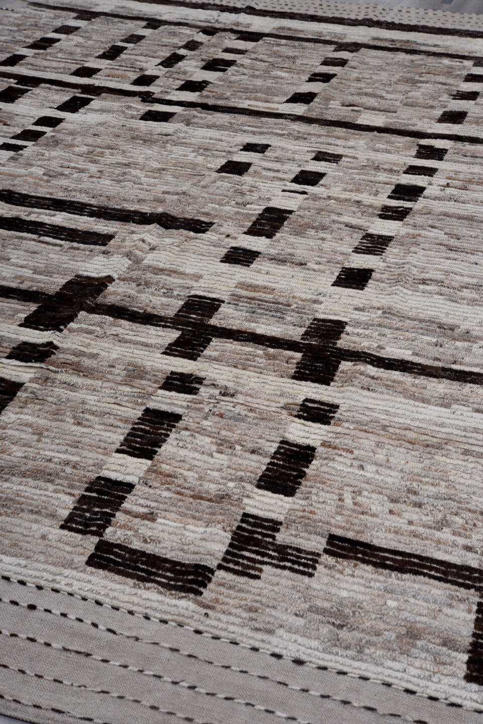 10' x 13' one-of-a-kind handmade vintage Tulu large size rug. Color palette: ivory, taupe, charcoal, brown, cream, greige
