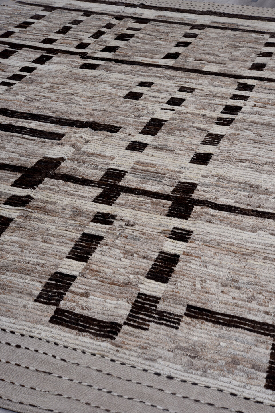 10' x 13' one-of-a-kind handmade vintage Tulu large size rug. Color palette: ivory, taupe, charcoal, brown, cream, greige