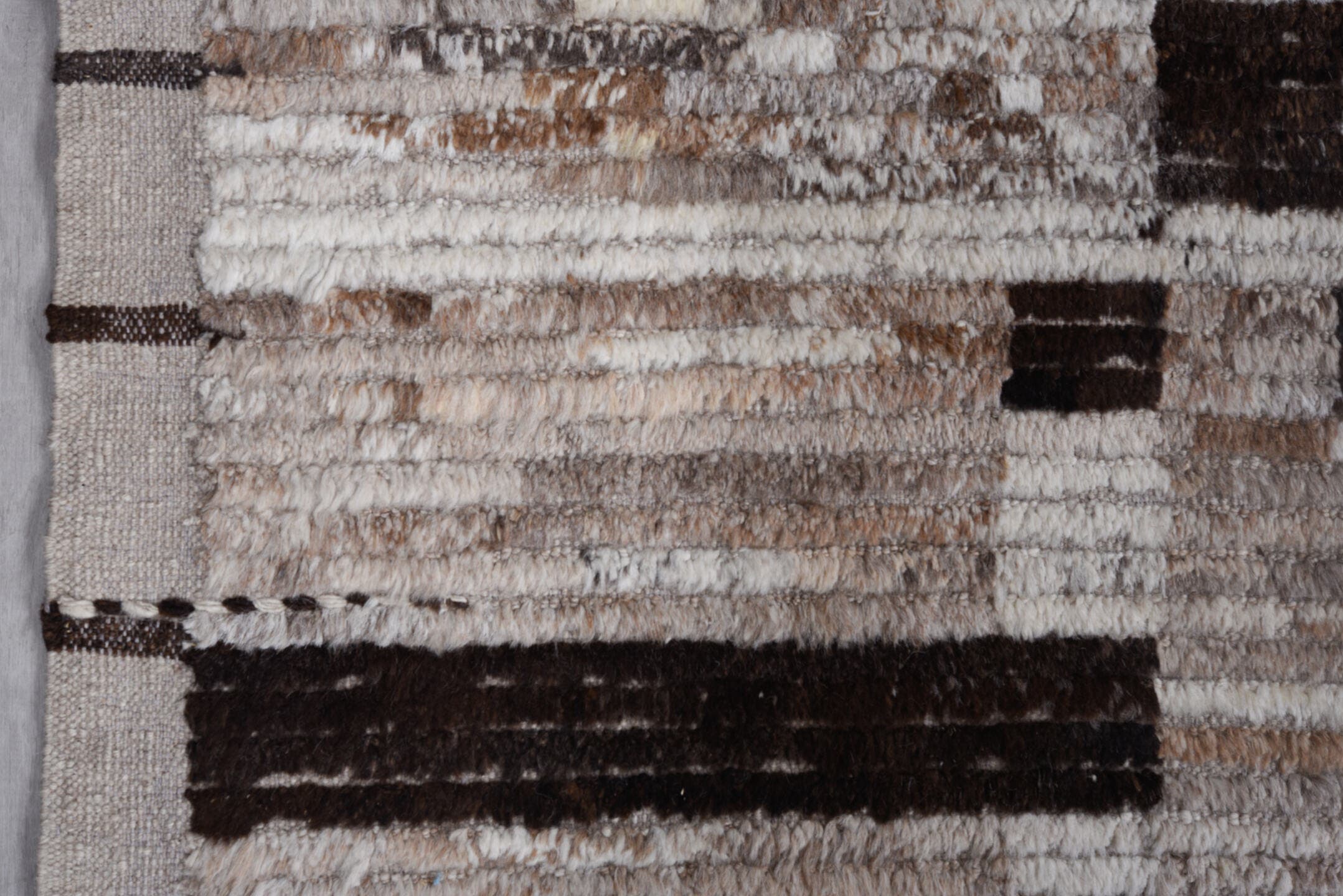 10' x 13' one-of-a-kind handmade vintage Tulu large size rug. Color palette: ivory, taupe, charcoal, brown, cream, greige