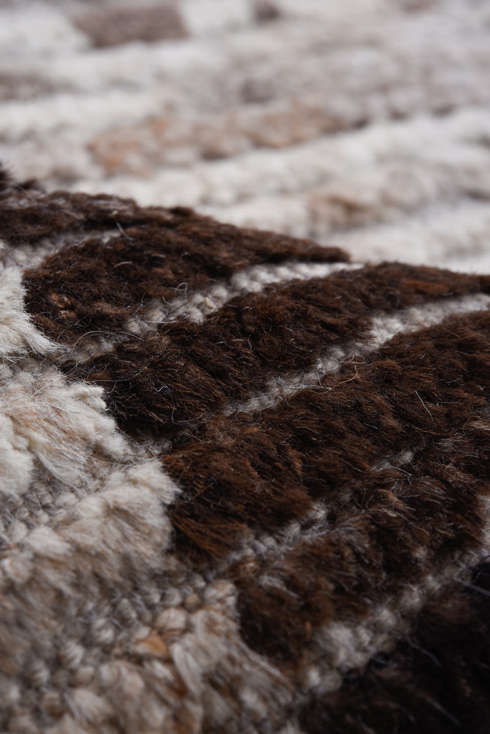 10' x 13' one-of-a-kind handmade vintage Tulu large size rug. Color palette: ivory, taupe, charcoal, brown, cream, greige