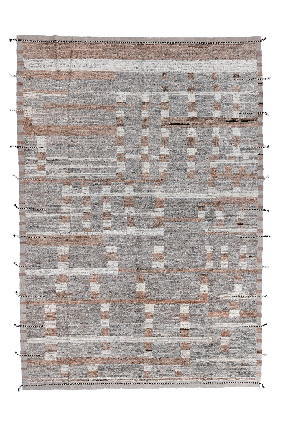 10' x 14' one-of-a-kind handmade vintage Tulu large size rug. Color palette: black, dim gray, gray, light gray, off-white