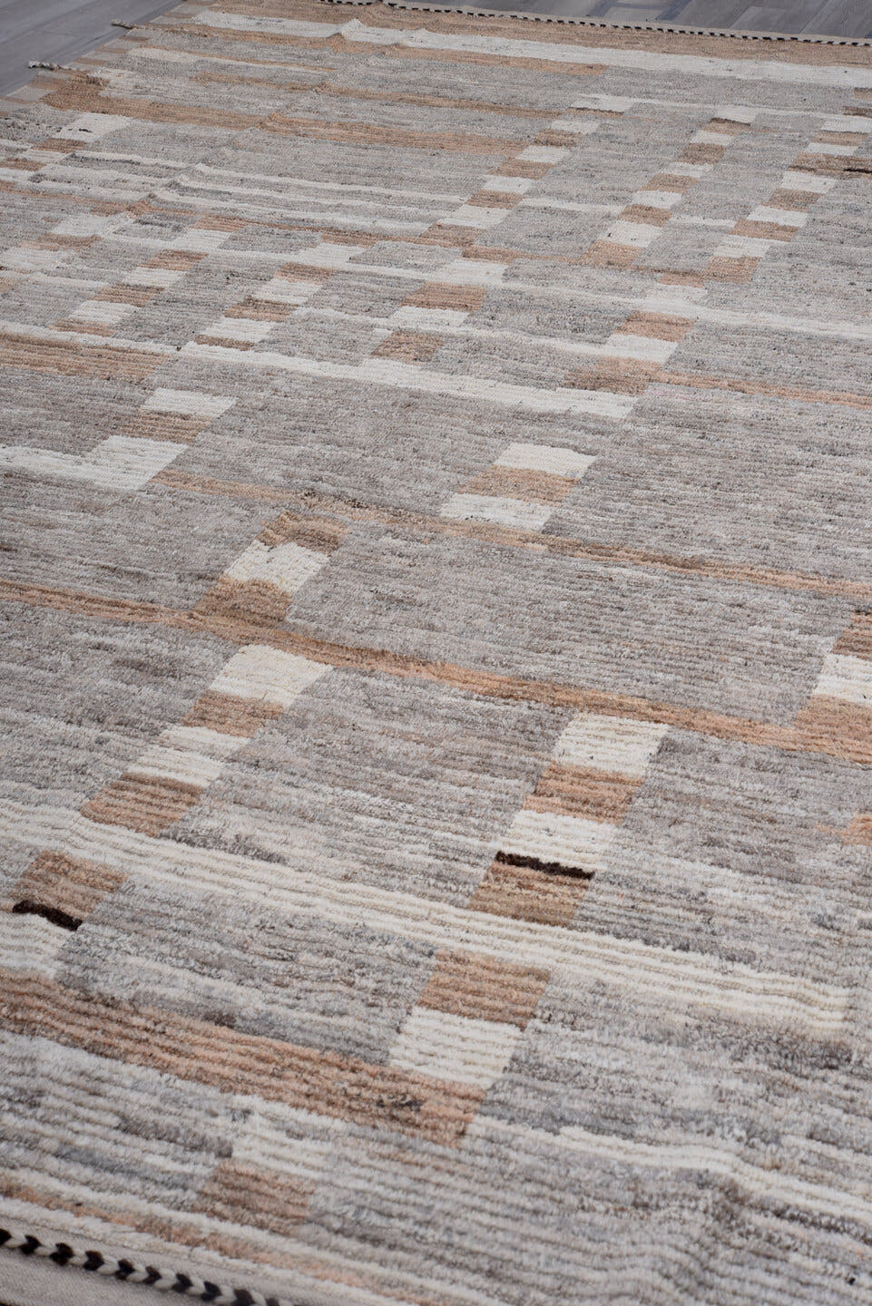 10' x 14' one-of-a-kind handmade vintage Tulu large size rug. Color palette: gray, ivory, taupe, camel, charcoal, beige