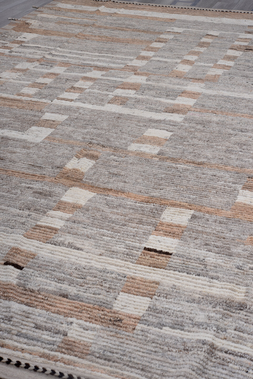 10' x 14' one-of-a-kind handmade vintage Tulu large size rug. Color palette: gray, ivory, taupe, camel, charcoal, beige