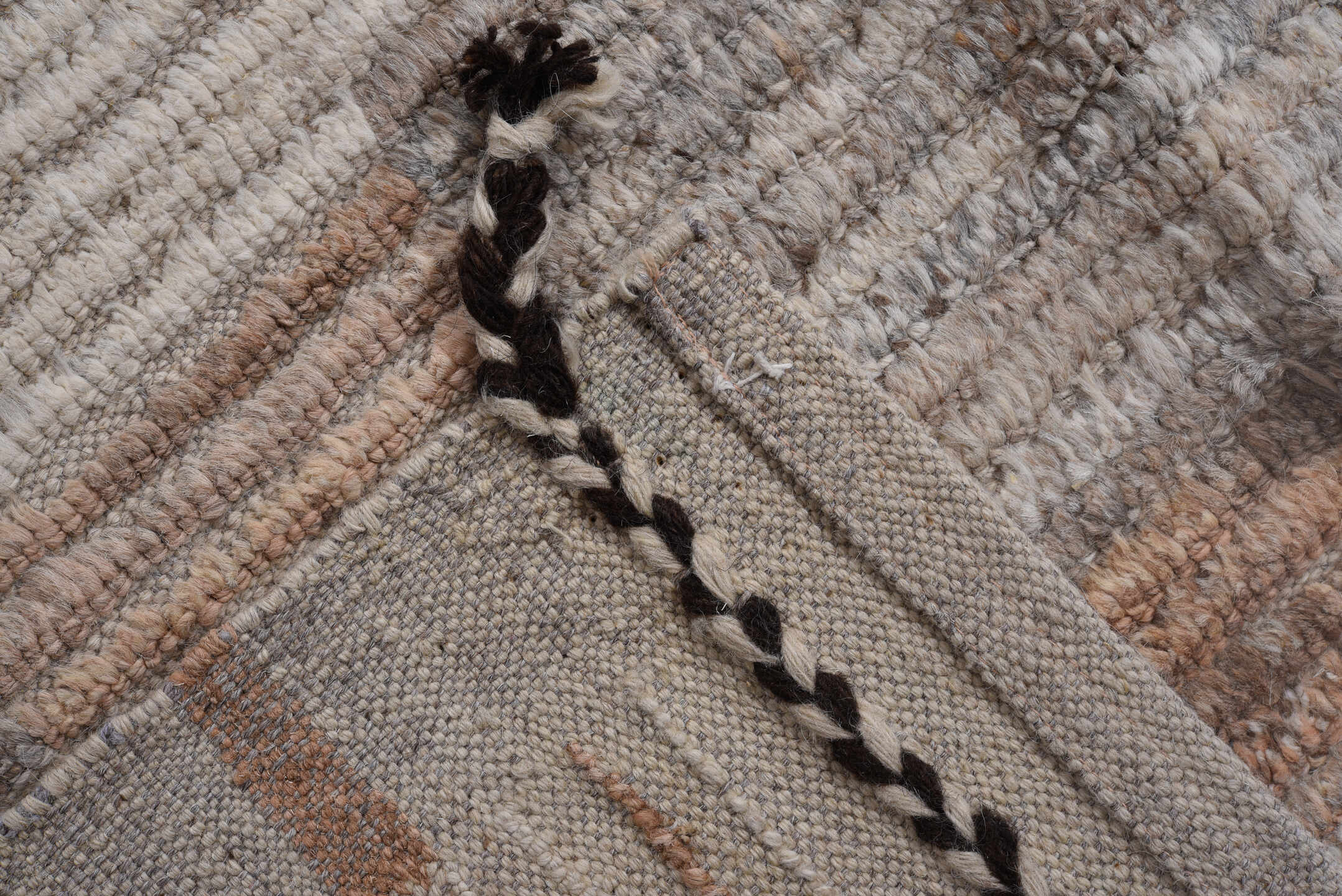 10' x 14' one-of-a-kind handmade vintage Tulu large size rug. Color palette: black, dim gray, gray, light gray, off-white