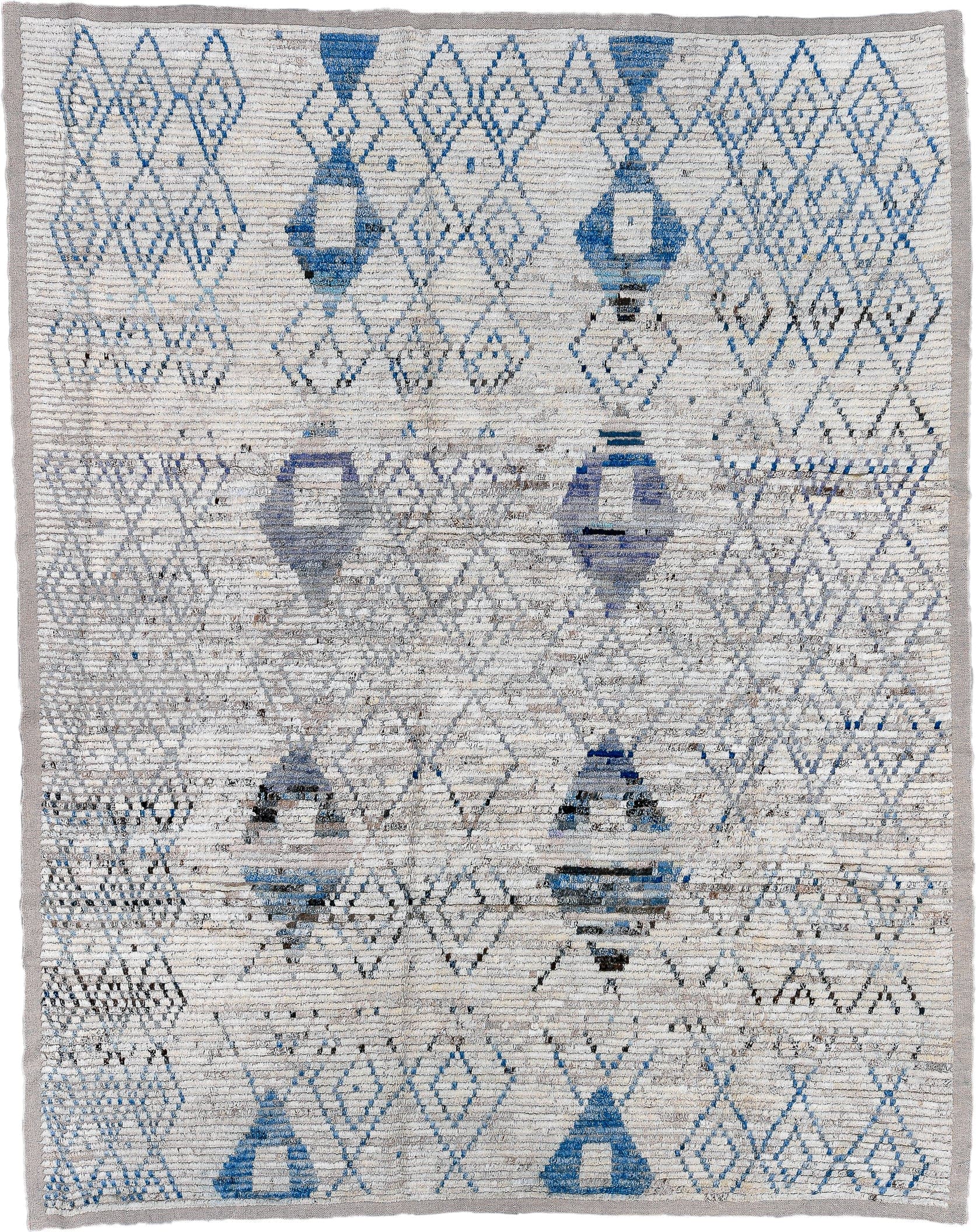 9' x 11' one-of-a-kind handmade vintage Tulu large size rug. Color palette: ivory, blue, gray, charcoal, slate, black