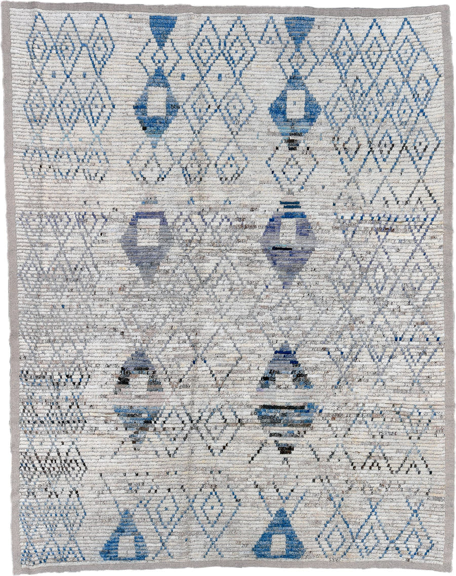 9' x 11' one-of-a-kind handmade vintage Tulu large size rug. Color palette: ivory, blue, gray, charcoal, slate, black