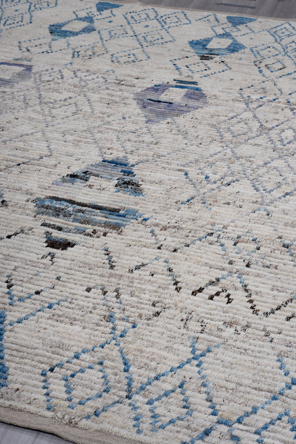 9' x 11' one-of-a-kind handmade vintage Tulu large size rug. Color palette: ivory, blue, gray, charcoal, slate, black