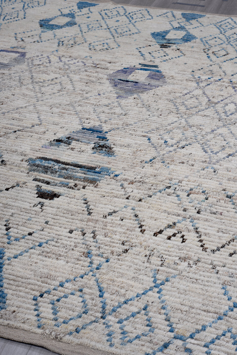 9' x 11' one-of-a-kind handmade vintage Tulu large size rug. Color palette: ivory, blue, gray, charcoal, slate, black
