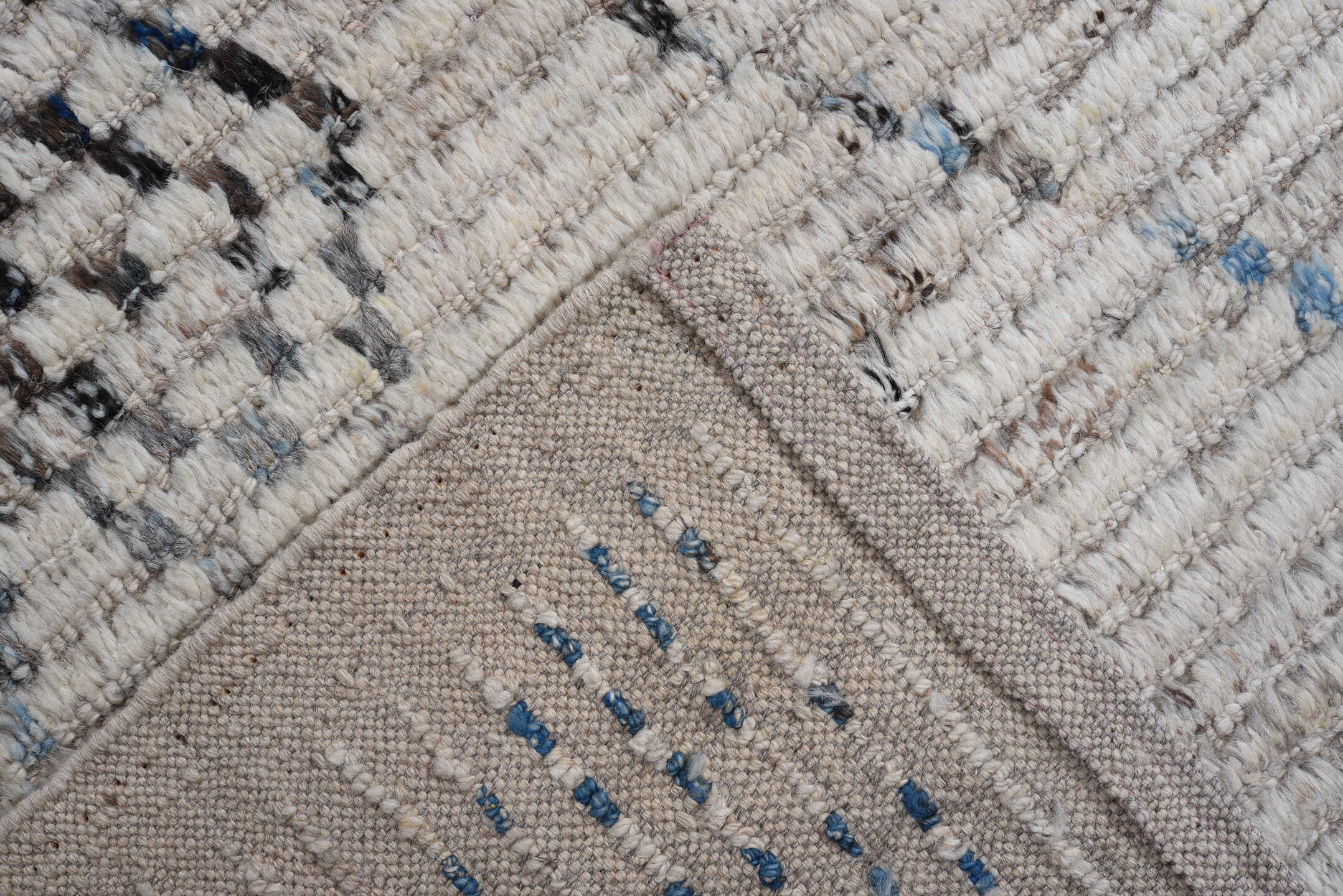 9' x 11' one-of-a-kind handmade vintage Tulu large size rug. Color palette: ivory, blue, gray, charcoal, slate, black